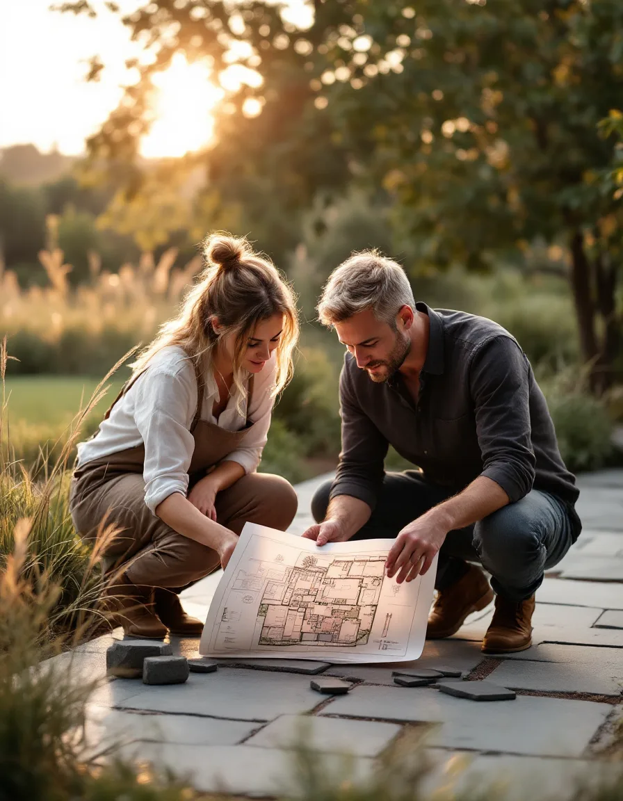 Rae and Miller crouched over a garden plan on a slate patio at golden hour