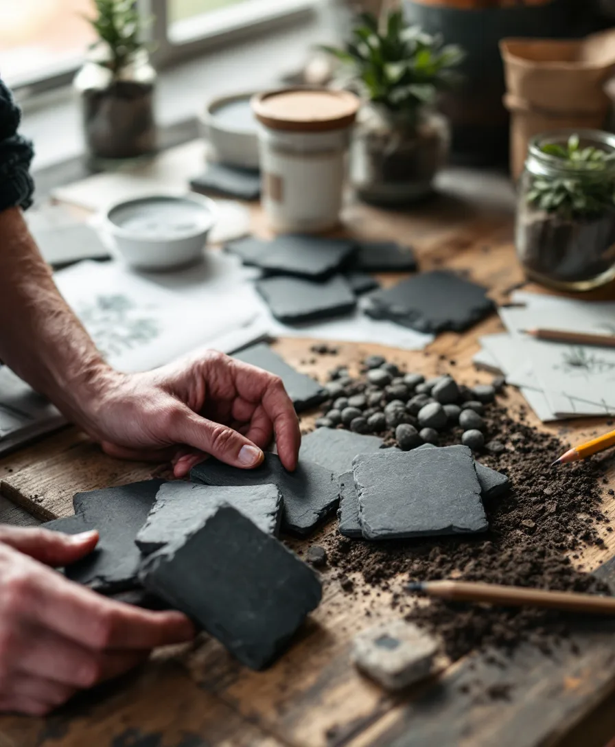 Slate samples, plant plugs and site sketches on a studio table