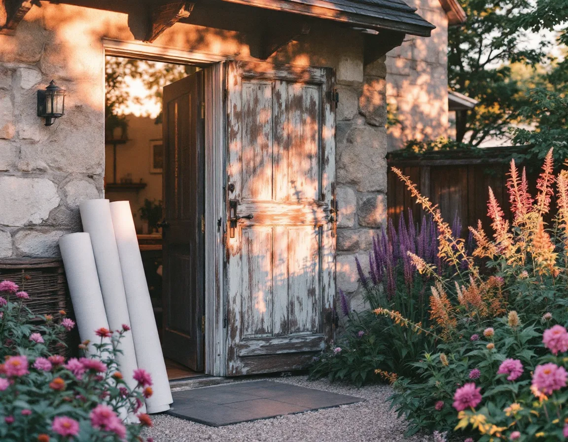 The studio doorway with rolled site plans and slate samples in evening light