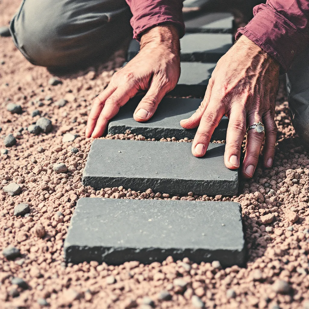 Hands laying slate pavers into a gravel bed