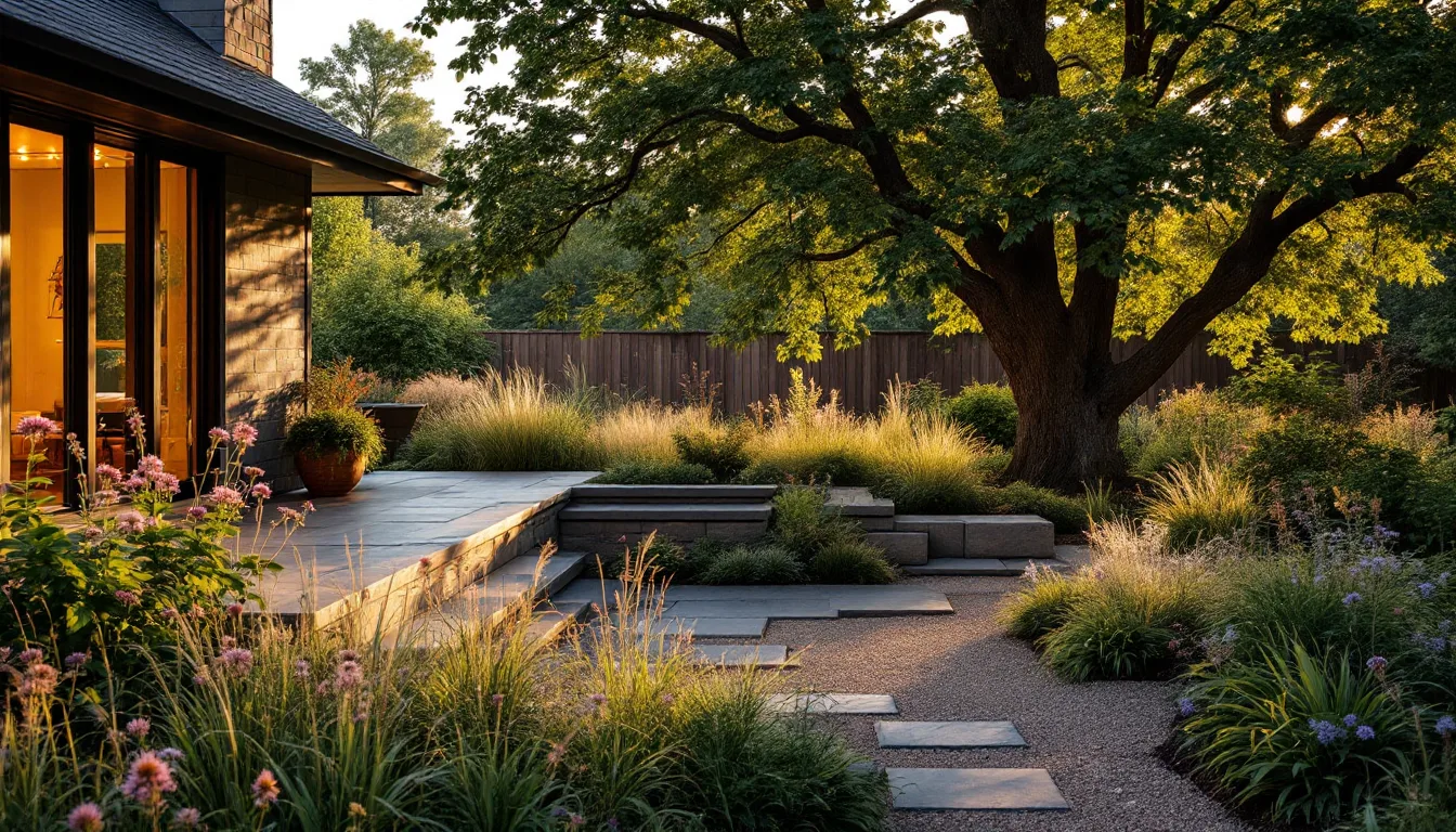 Finished slate terrace framed by native perennial drifts in warm evening light