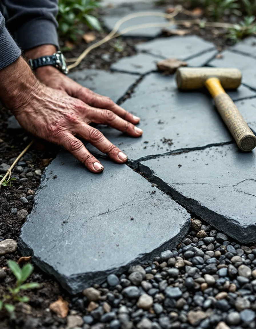 Hands setting a cleft slate paver true into a gravel bed